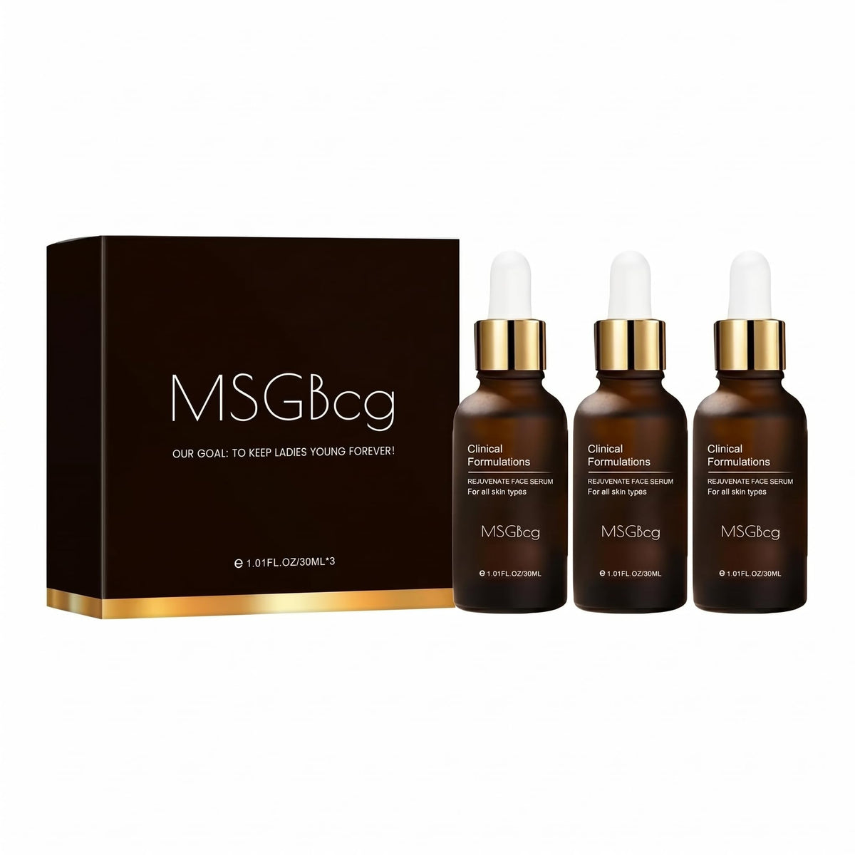 MSGBcg front packaging showing three serum bottles and benefits