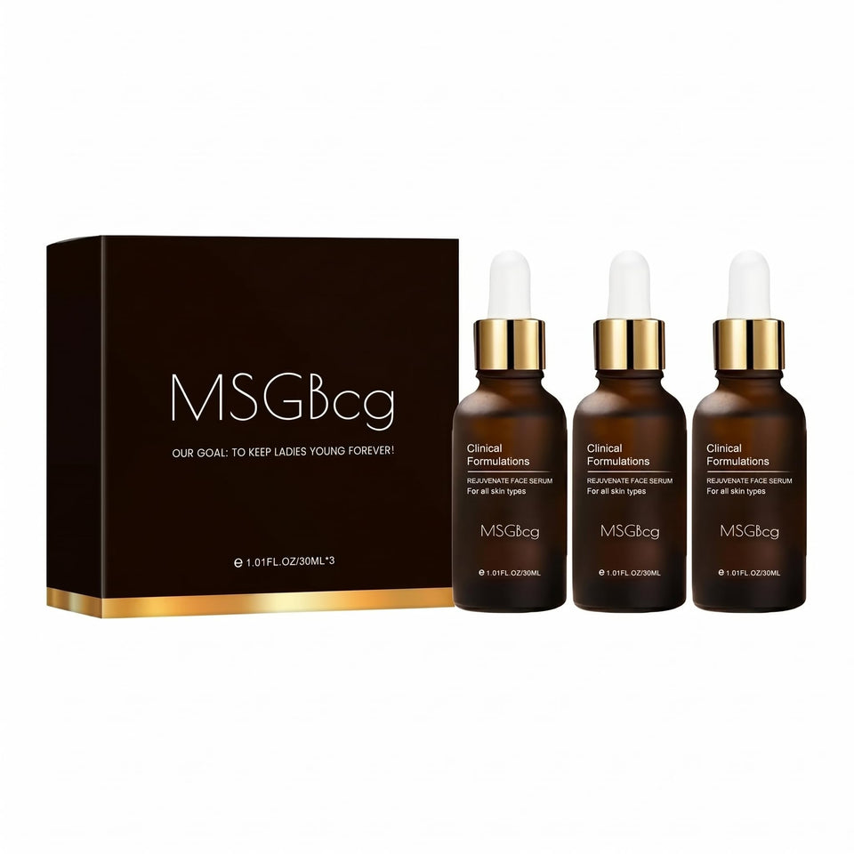 MSGBcg front packaging showing three serum bottles and benefits