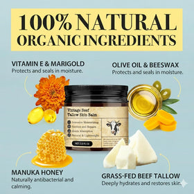 MTGBO ingredients flatlay with tallow, Manuka honey, olive oil emphasizing natural benefits
