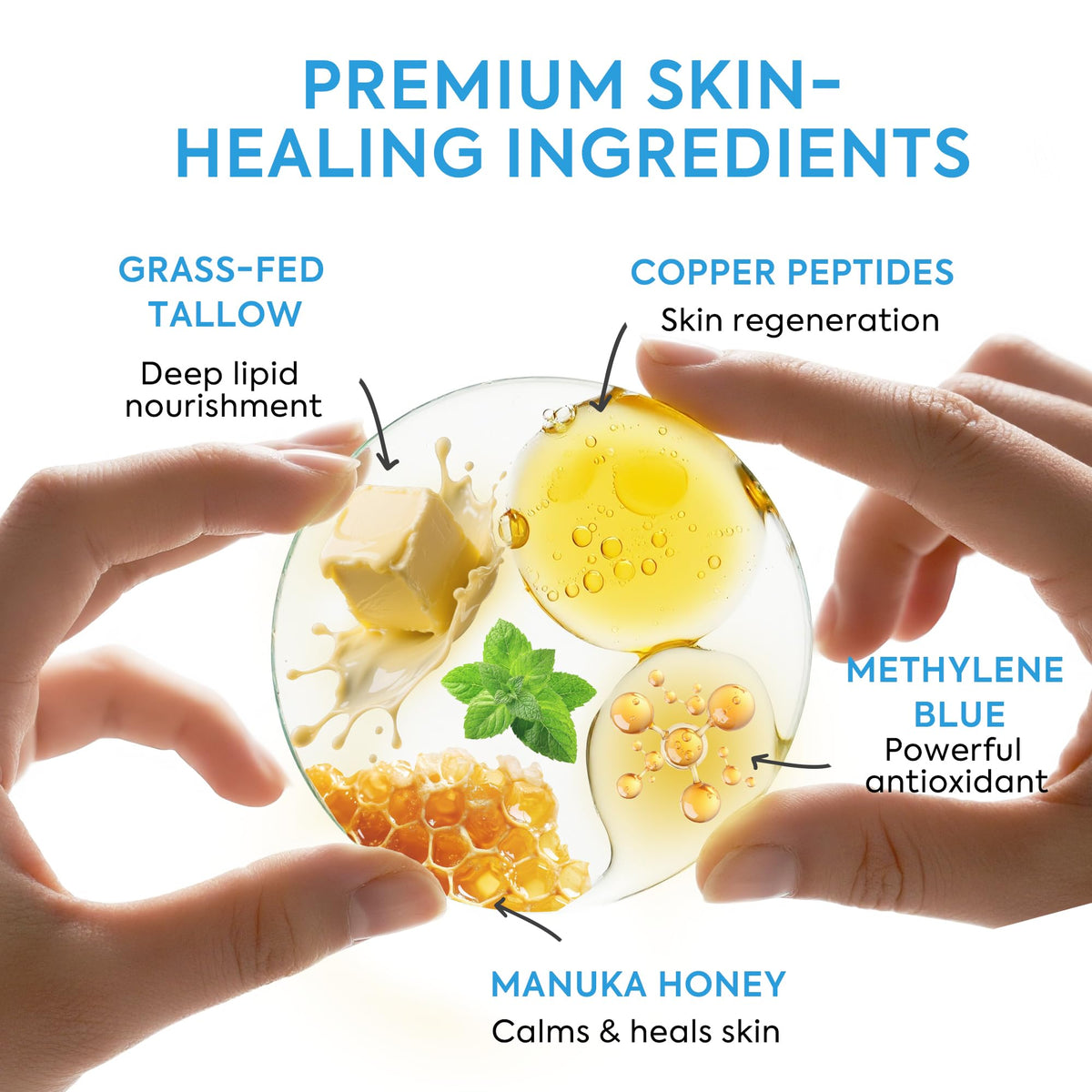 MTGBO ingredient label highlighting manuka, GHK-Cu and methylene blue benefits