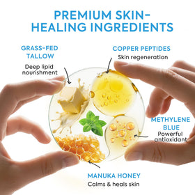 MTGBO ingredient label highlighting manuka, GHK-Cu and methylene blue benefits