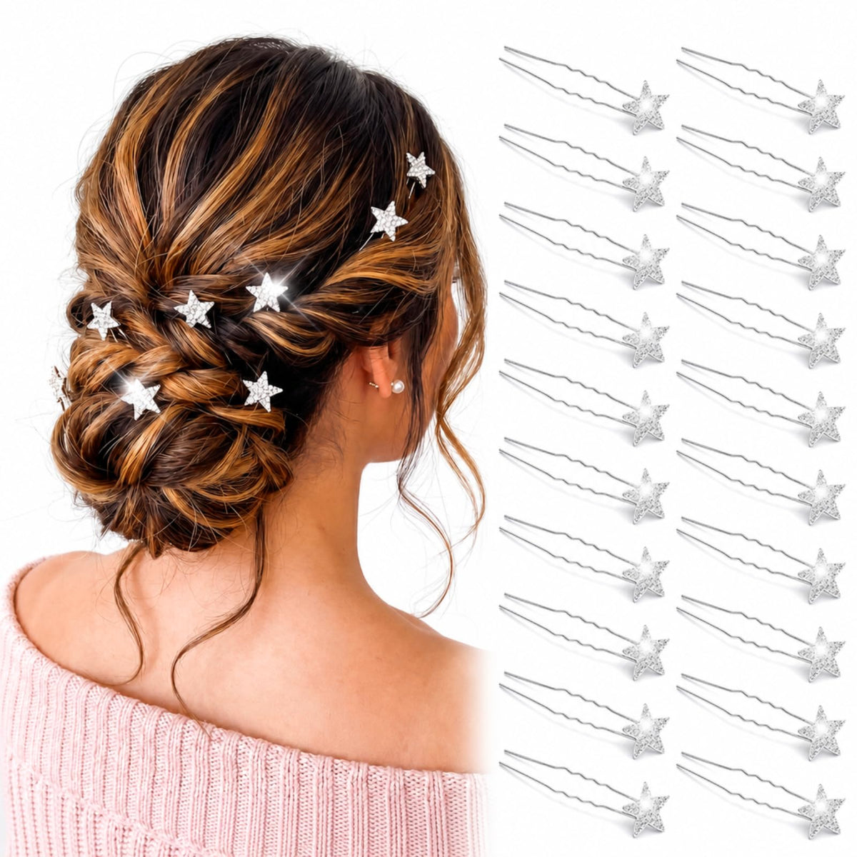 MTLEE front view of 20 silver star hair pins showing elegant packaging and sparkle