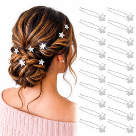 MTLEE front view of 20 silver star hair pins showing elegant packaging and sparkle