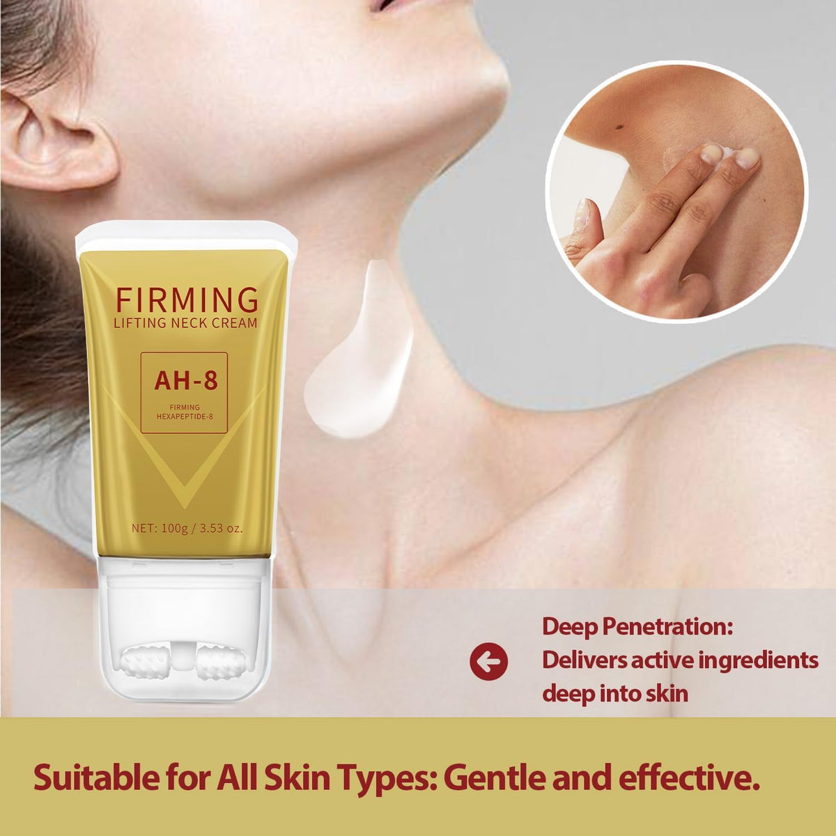 Mtmult AH-8 used on décolletage in lifestyle setting for hydrated skin