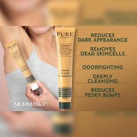 MUDMASKY pure size comparison with ingredients laid out to show minimal formula benefit