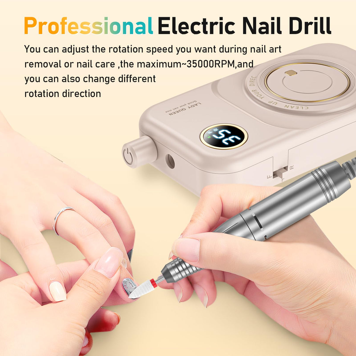 mUGLE nail drill in use polishing acrylic nails demonstrating efficient removal