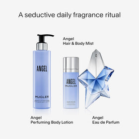 Mugler Angel lotion on vanity beside towel evoking post-shower comfort