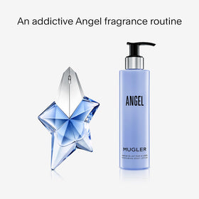 Mugler Angel lotion in hand to show 6.7 oz scale and application ease