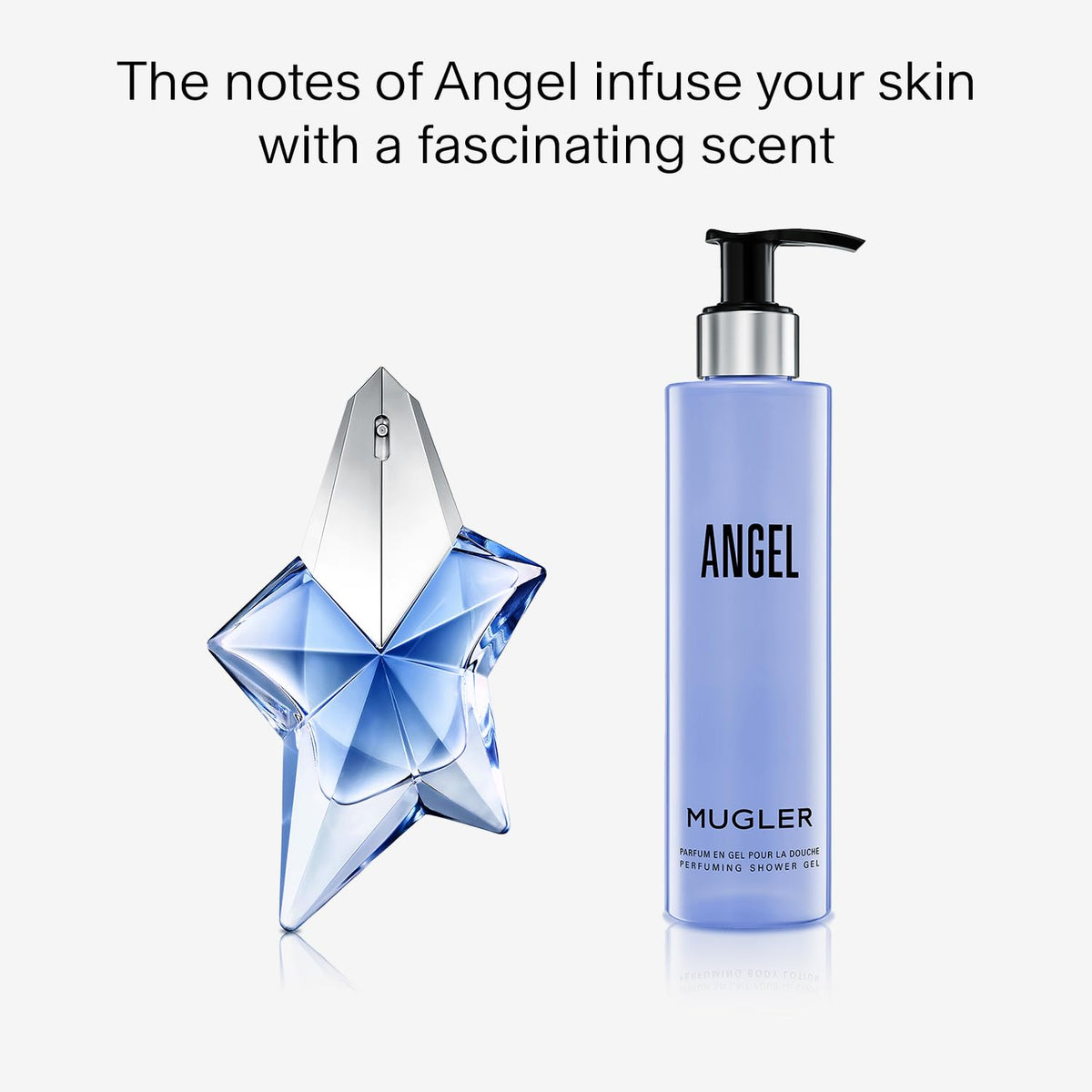 Mugler Angel in-shower use with lather on sponge illustrating invigorating clean feeling