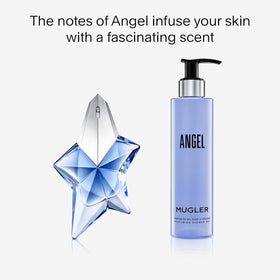Mugler Angel in-shower use with lather on sponge illustrating invigorating clean feeling