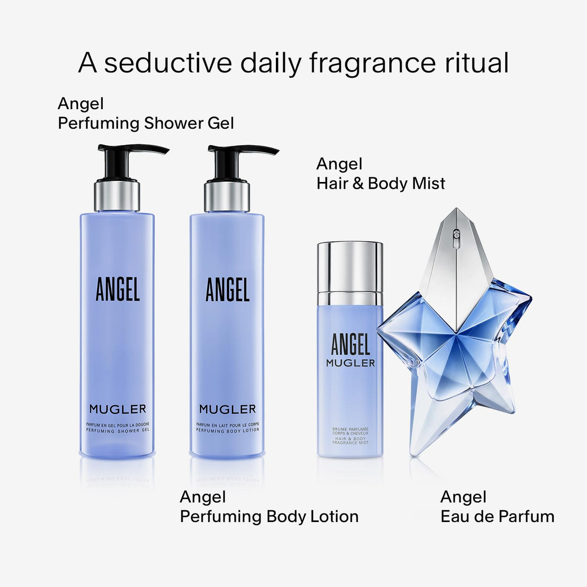 Mugler Angel size comparison next to toiletries showing compact 6.7 fl oz travel-friendly benefit