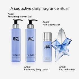 Mugler Angel size comparison next to toiletries showing compact 6.7 fl oz travel-friendly benefit
