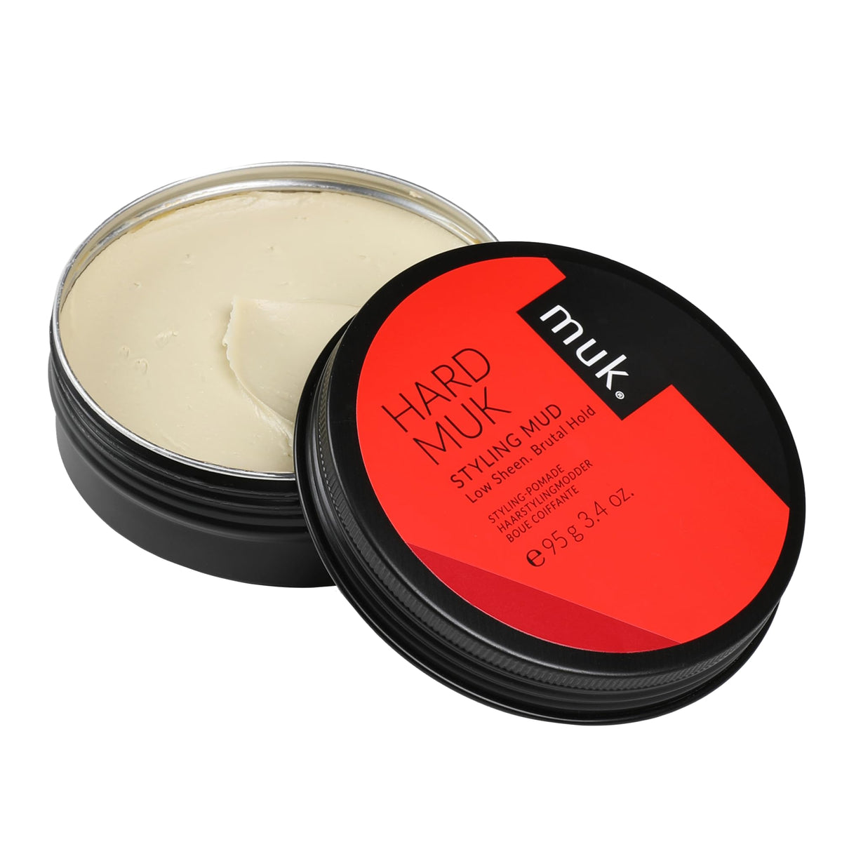 MUK open jar close-up revealing thick matte texture for strong styling benefit