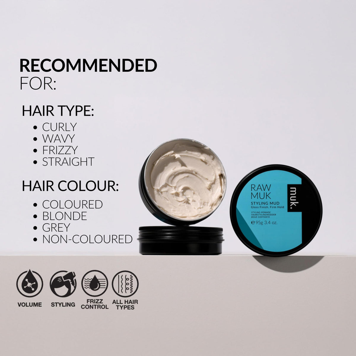 MUK. before and after hair image displaying defined texture and high-gloss finish