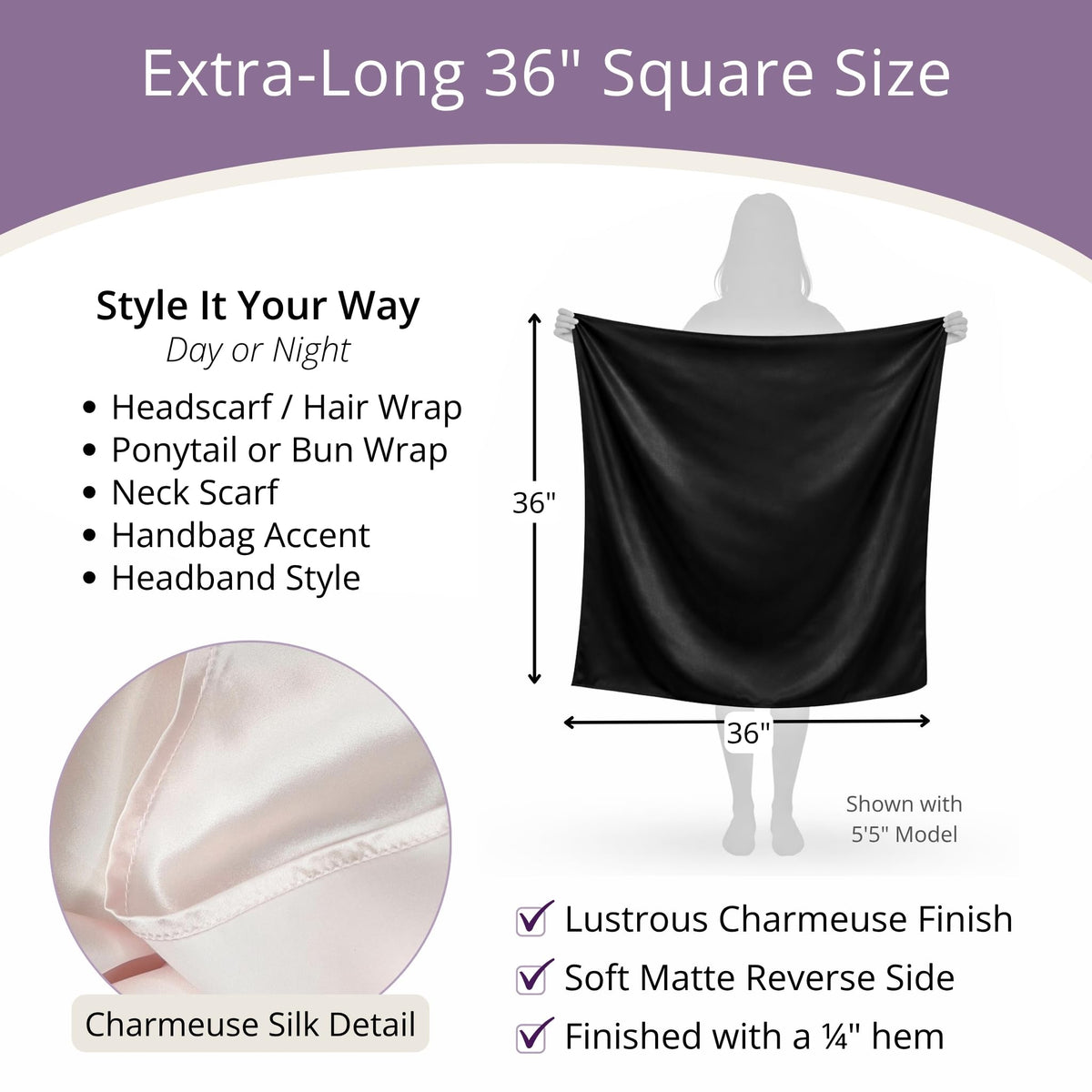 Mulberry Park Silks black scarf laid flat highlighting smooth charmeuse surface benefit
