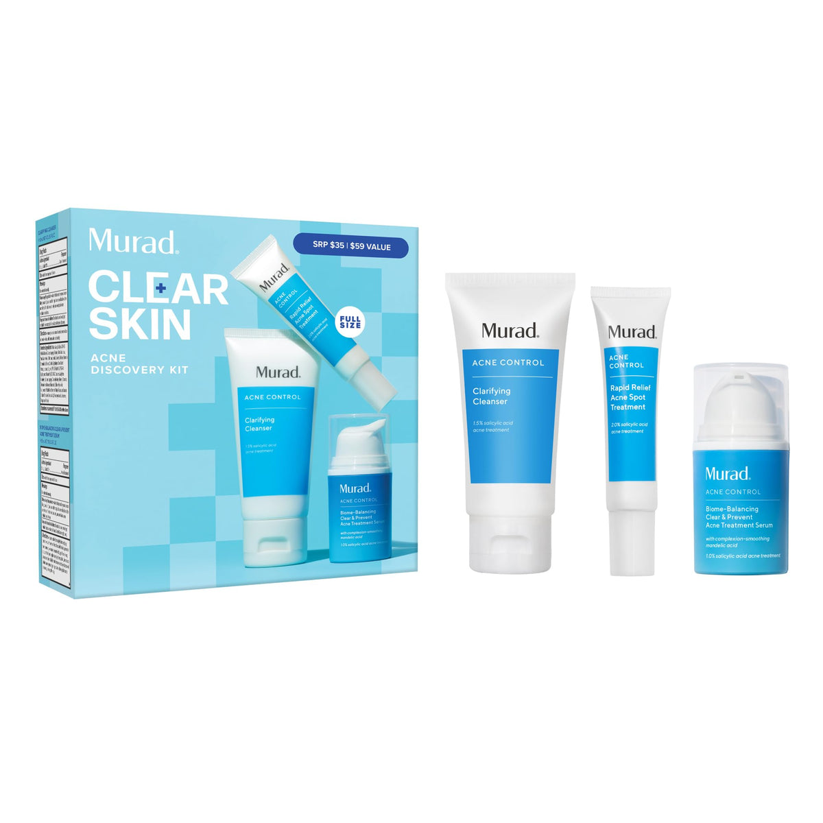 Murad kit front packaging showing three travel-sized acne products and benefits