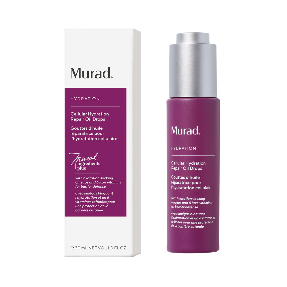 Murad front packaging of Hydration Repair Oil Drops showing bottle and dropper, promotes hydration