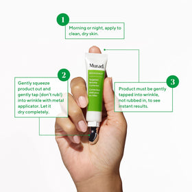 Murad product being applied to forehead wrinkle demonstrating targeted smoothing benefit