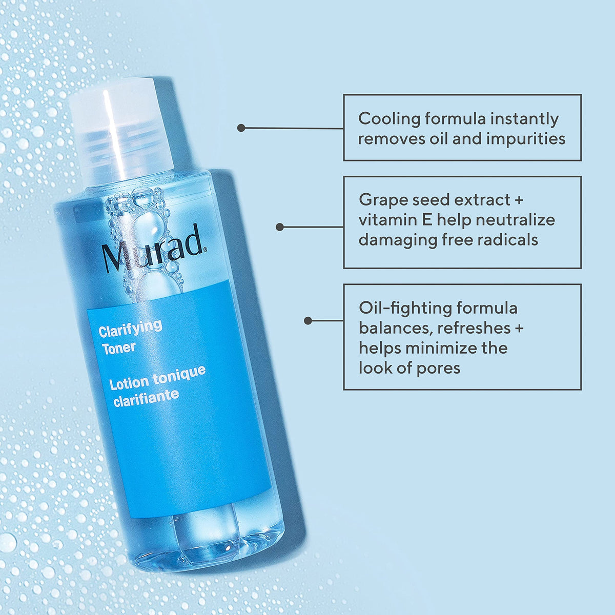 Murad toner label closeup highlighting ingredients and benefits