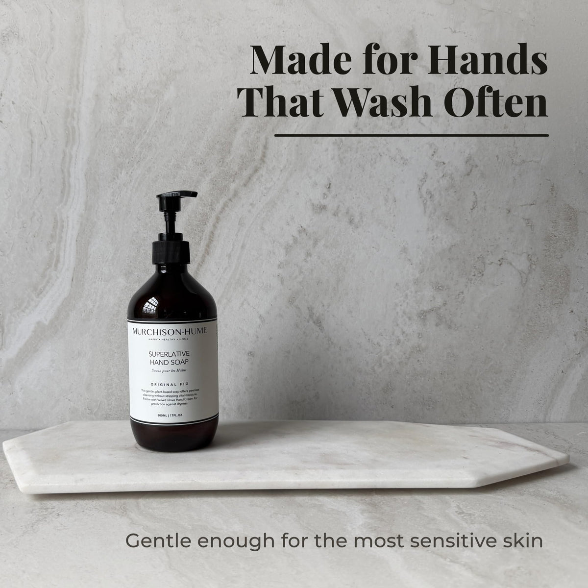 Murchison-Hume hand in use rinsing soap to show effective, non-drying clean