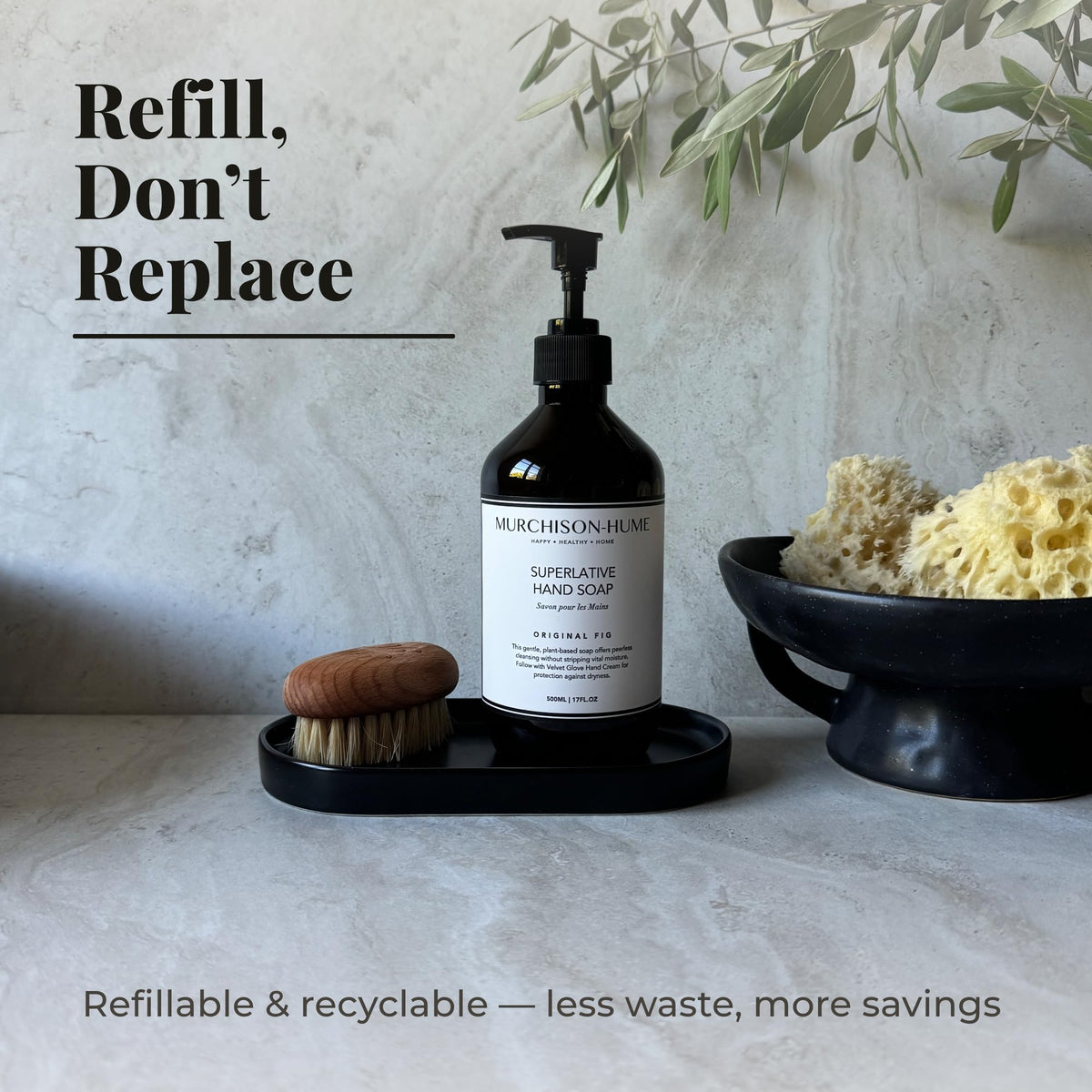 Murchison-Hume sink lifestyle scene presenting attractive bottle on vanity for style