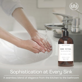 Muse Apothecary bottle staged at bathroom sink conveying a calming hand-wash ritual