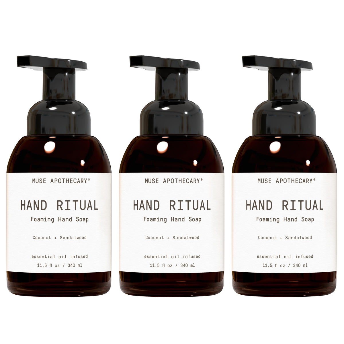 Muse Apothecary front bottle showing Coconut + Sandalwood branding and elegant label benefit