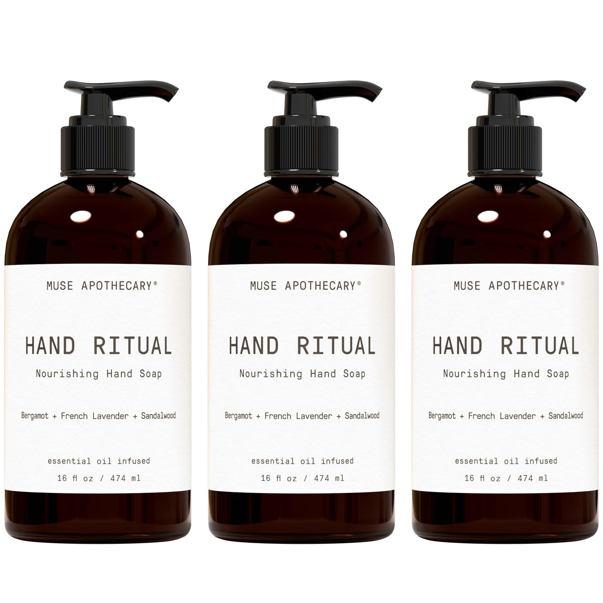 Muse Apothecary front packaging showing three 16 oz bottles and calming design benefits