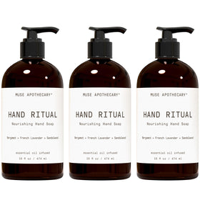 Muse Apothecary front packaging showing three 16 oz bottles and calming design benefits