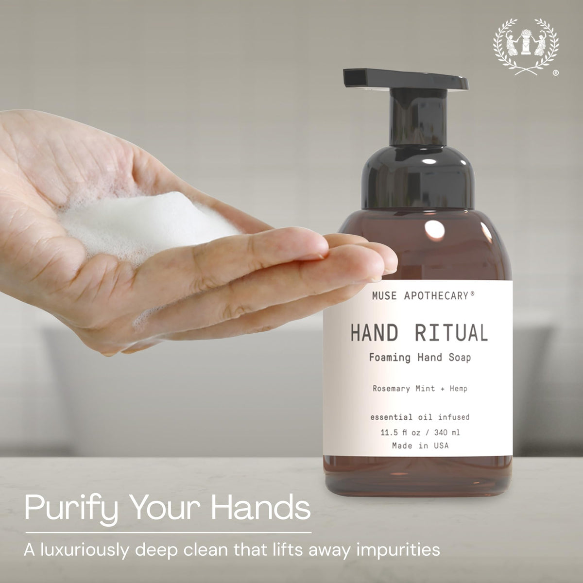 Muse Apothecary pump dispenser in use producing rich foam for efficient washing