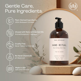 Muse Apothecary bottle next to a hand for size comparison and easy countertop placement