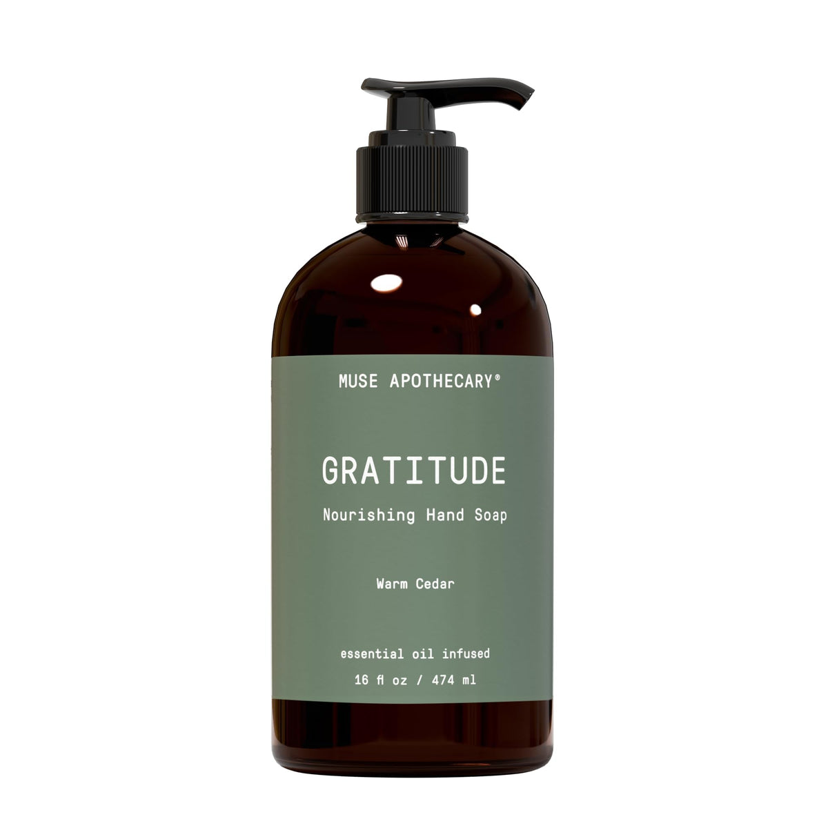Muse Apothecary front packaging showing Warm Cedar bottle and soft glow benefit