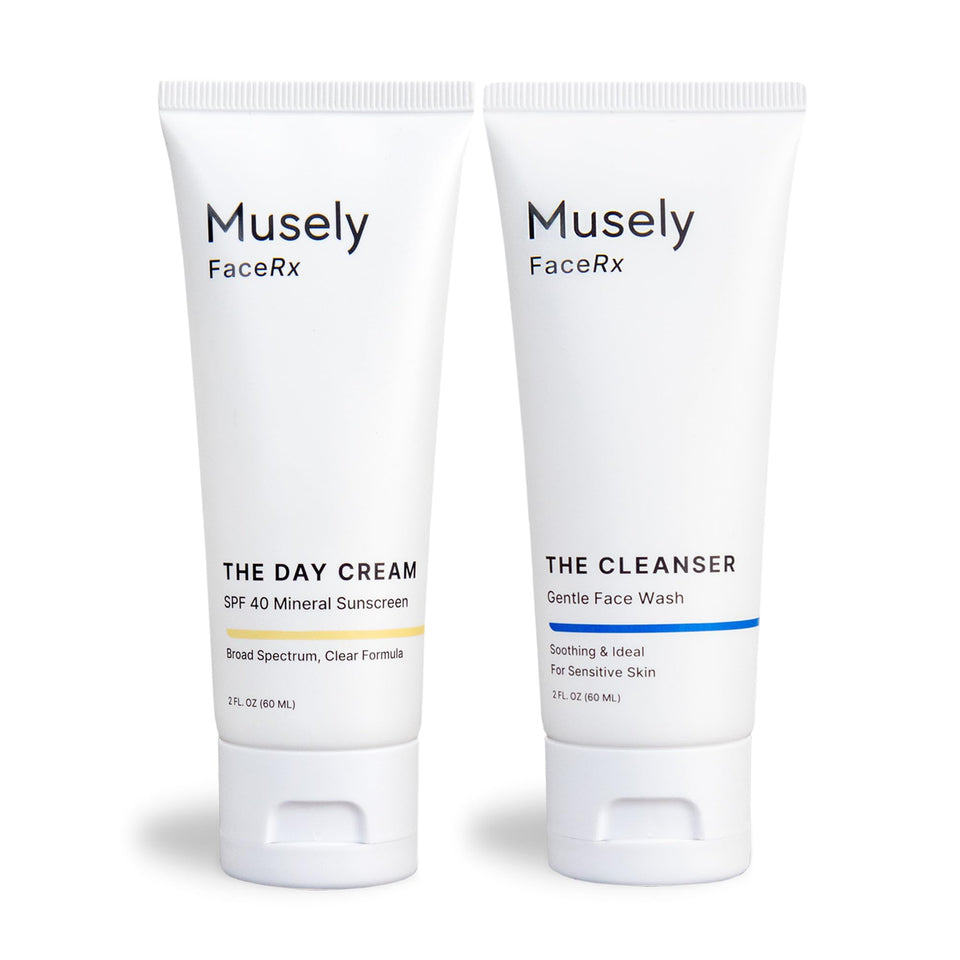 Musely front packaging showing cleanser and day cream for easy routine