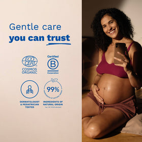 Mustela lotion applied on pregnant belly providing comfort and suppleness
