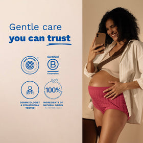 Mustela applied in gentle belly massage illustrating easy daily application and comfort