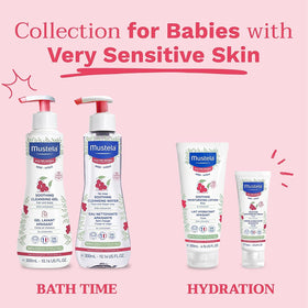 Mustela bottle beside ruler showing 10.14 fl oz size and scale