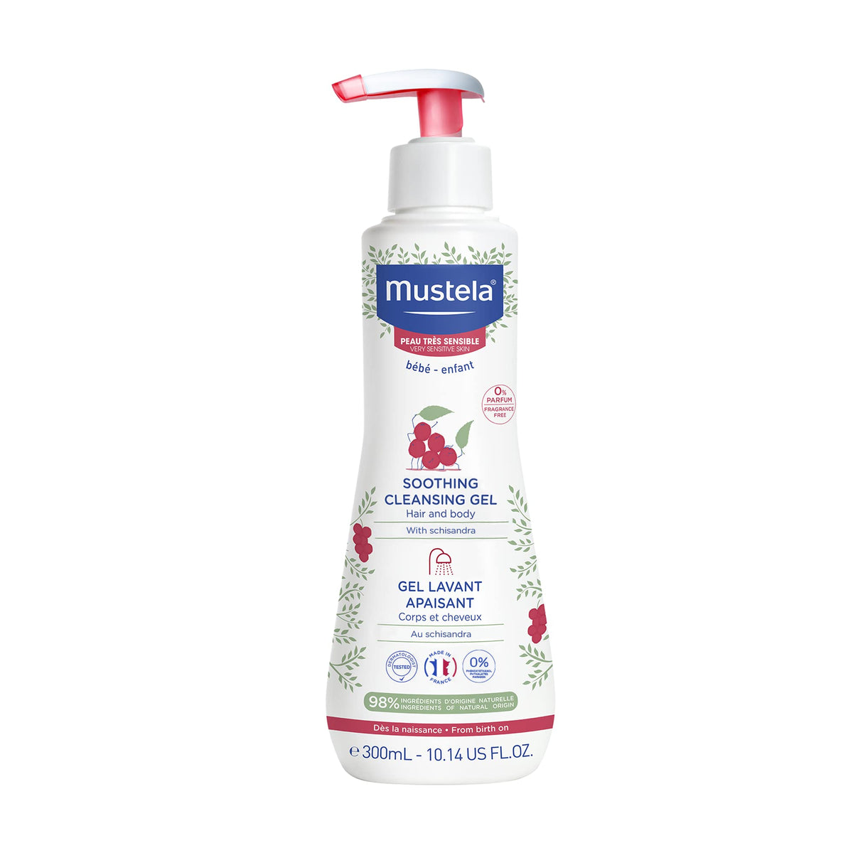 Mustela front packaging showing 10.14 fl oz bottle and calming design