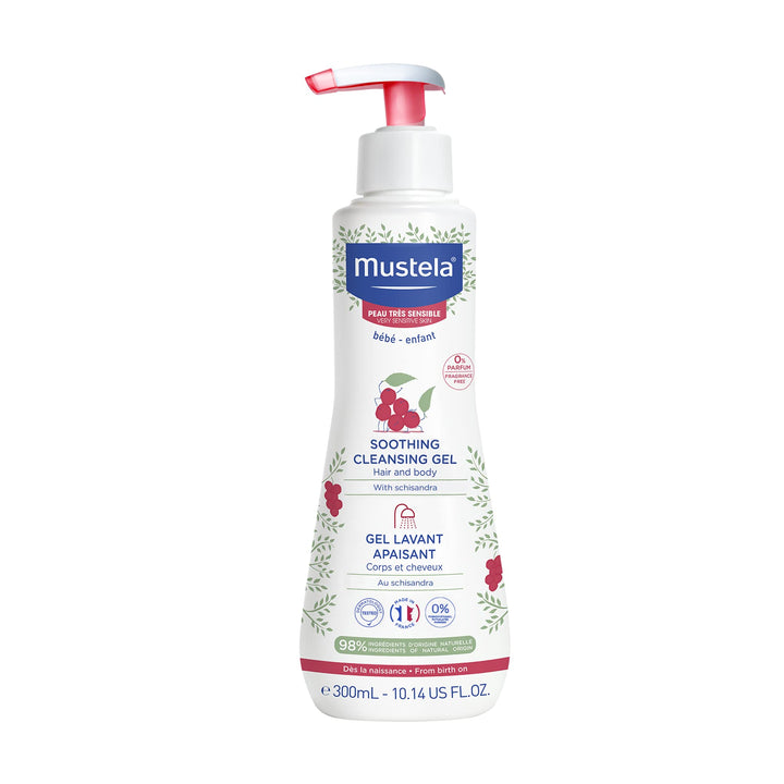 Mustela front packaging showing 10.14 fl oz bottle and calming design