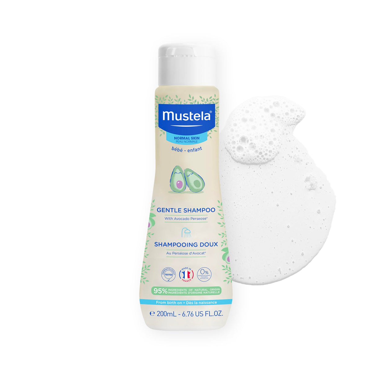Mustela front packaging bottle showing gentle shampoo and calming benefit