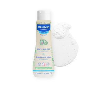 Mustela front packaging bottle showing gentle shampoo and calming benefit