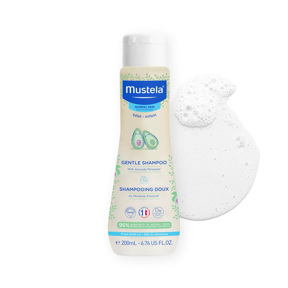 Mustela front packaging bottle showing gentle shampoo and calming benefit