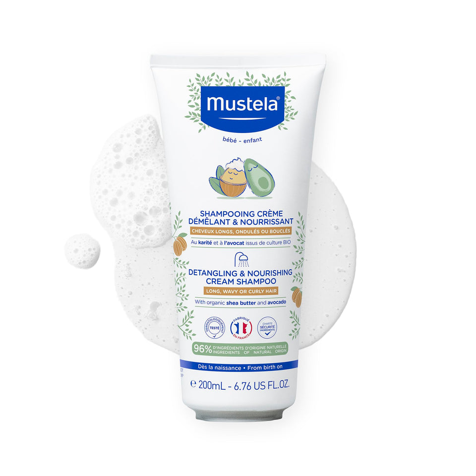 Mustela front packaging showing bottle and label, clear ingredient benefit