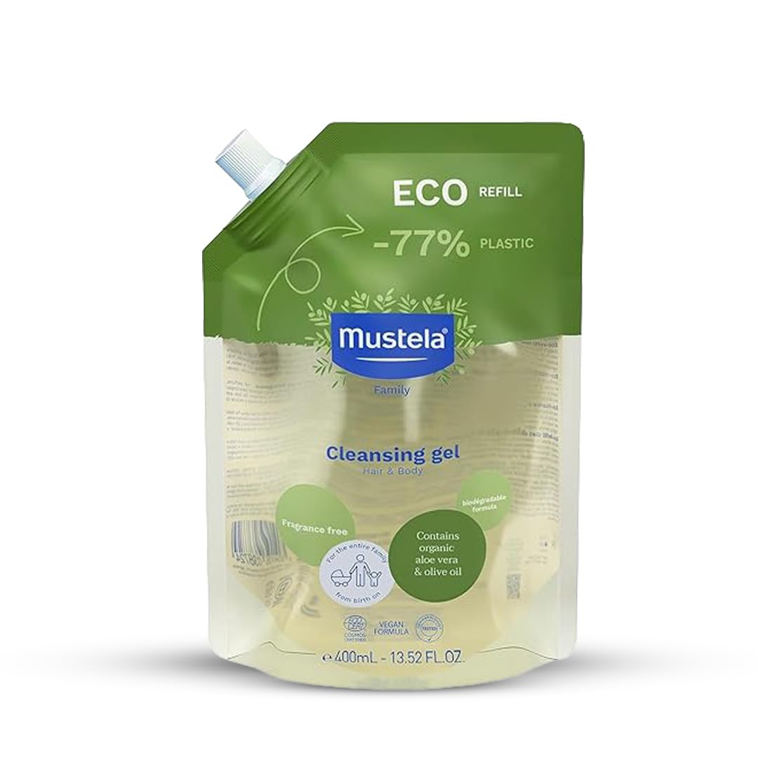 Mustela front packaging eco-refill showing product and benefits