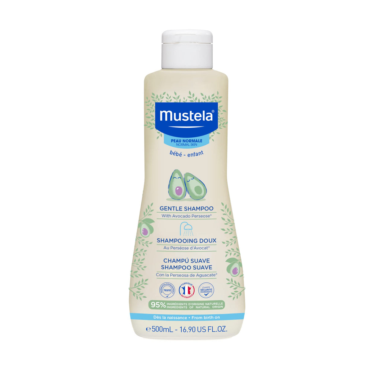 Mustela front packaging of gentle shampoo showing clean baby-safe design and reassurance