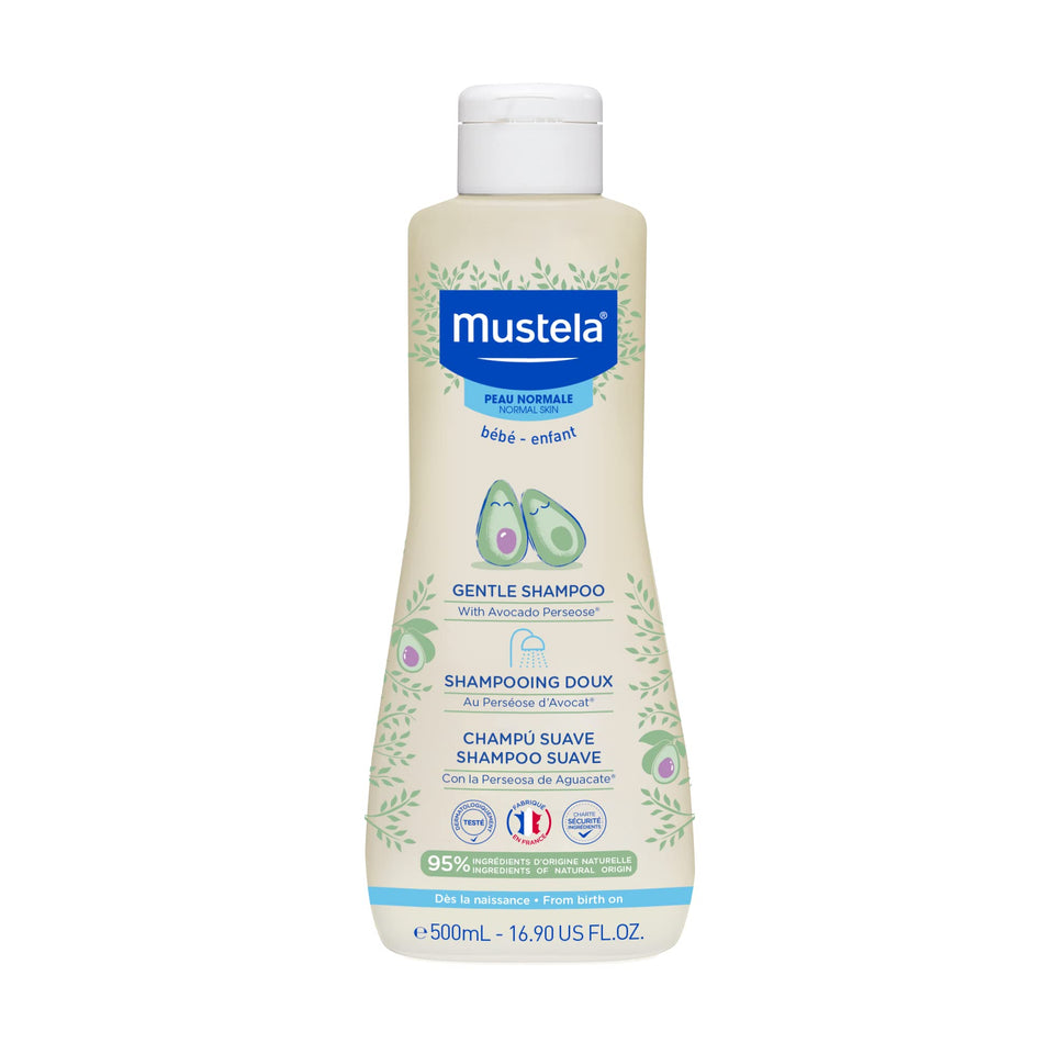 Mustela front packaging of gentle shampoo showing clean baby-safe design and reassurance