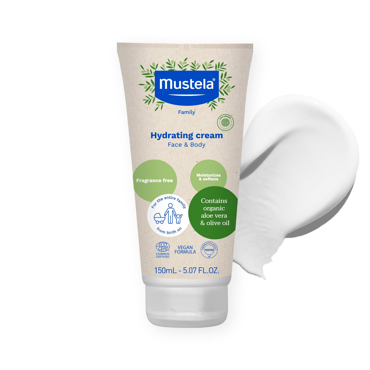 Mustela front packaging showing hydrating cream and certifications for trusted choice