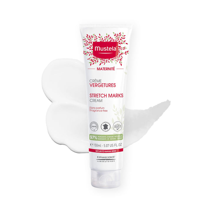 Mustela front packaging showing maternity stretch marks cream and benefits