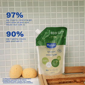 Mustela gel foam in hand demonstrating gentle lather and softness