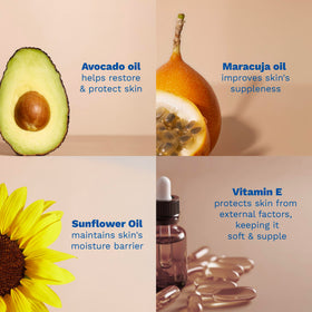 Mustela ingredient display with avocado maracuja sunflower highlighting plant-based oils