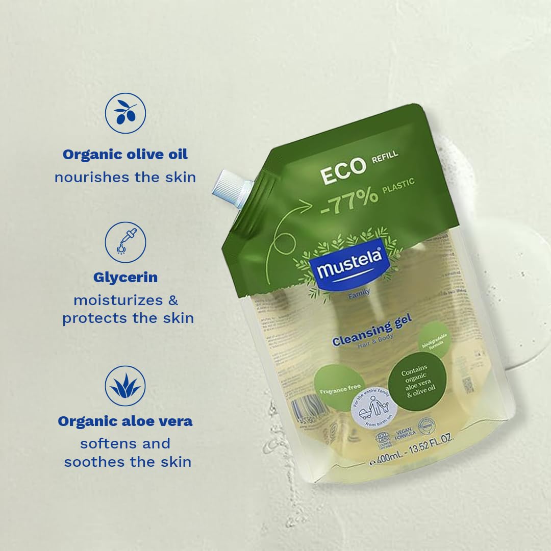 Mustela pump refill pouring gel for easy transfer and less waste
